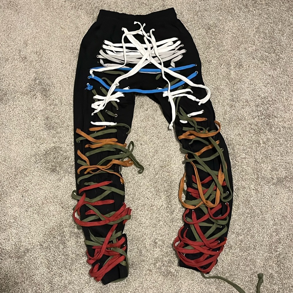 Mega Multicolor Lace-up Jogger Pants With Pockets Elastic Waist Grunge Rock SZ S